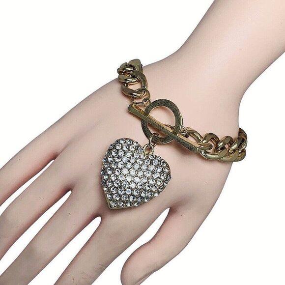 Gold Icy Crystal Heart Bracelet 8" Curb Chain Toggle Valentines Day Lovecore - Picture 7 of 11